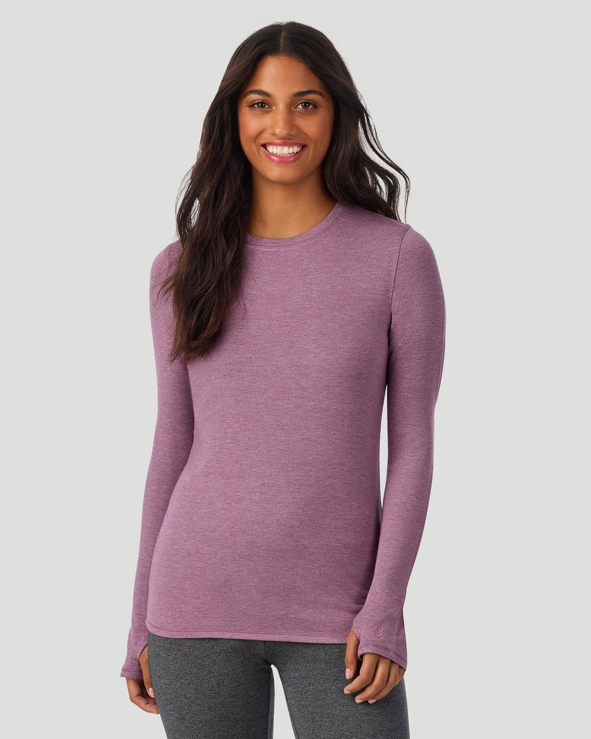 Dark Amethyst; Model is wearing a size S. She is 5’7”, Bust 32”, Waist 25”, Hips 34”. @ A Lady is wearing Dark Amethyst Ultra Cozy Long Sleeve Crew in a front view pose