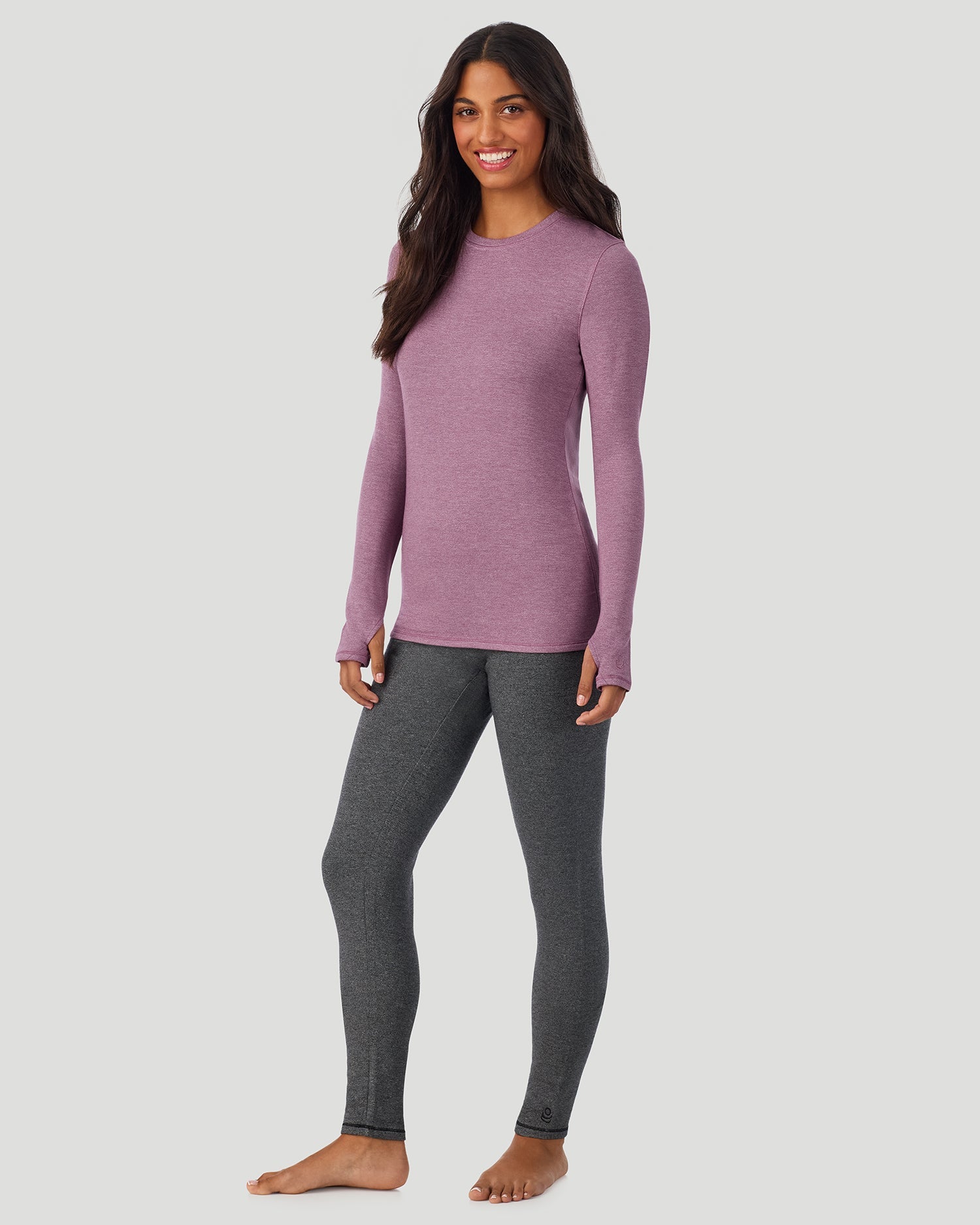  A Lady is wearing Dark Amethyst Ultra Cozy Long Sleeve Crew in a front view standing pose