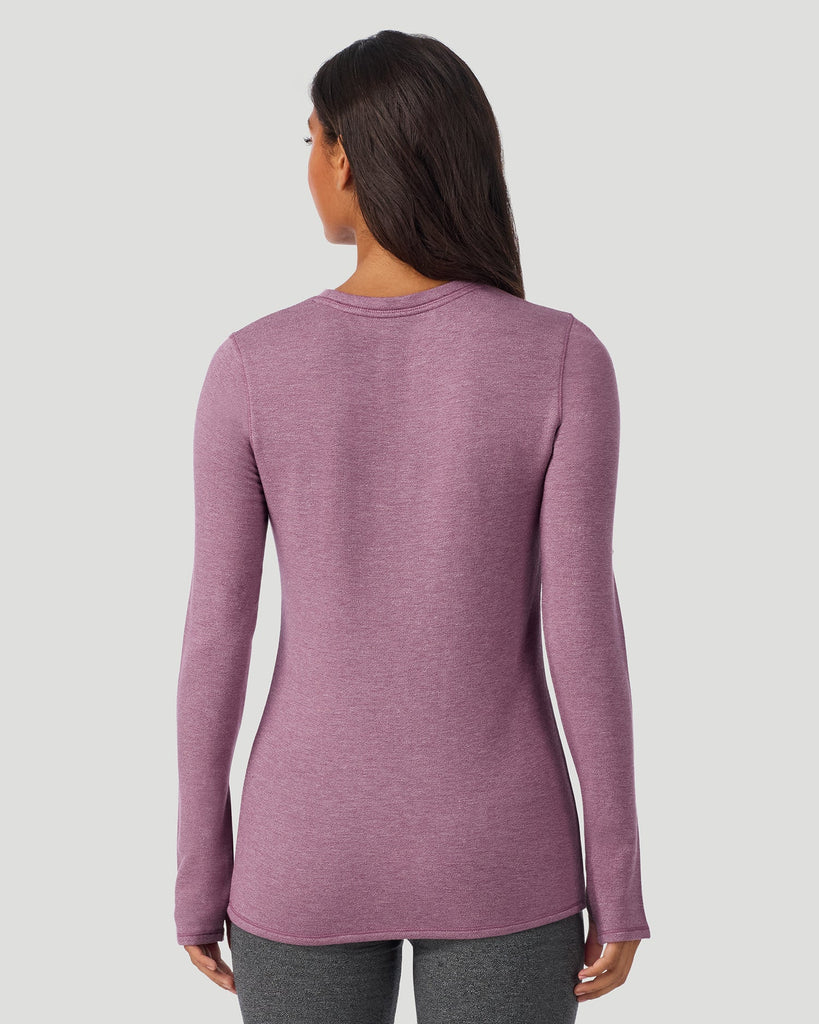  A Lady is wearing Dark Amethyst Ultra Cozy Long Sleeve Crew in a back view pose