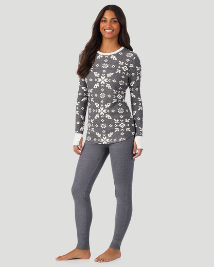 A lady wearing Stone Grey Winter Folk Cozy Stretch Thermal Long Sleeve Crew in a front view standing pose