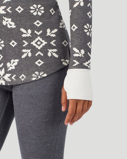 A lady wearing Stone Grey Winter Folk Cozy Stretch Thermal Long Sleeve Crew in a front view detail close up look