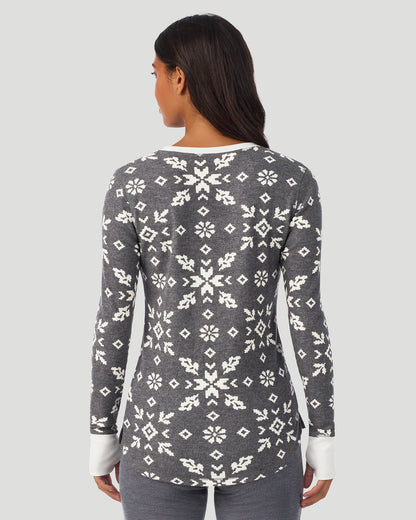 A lady wearing Stone Grey Winter Folk Cozy Stretch Thermal Long Sleeve Crew in a back view pose