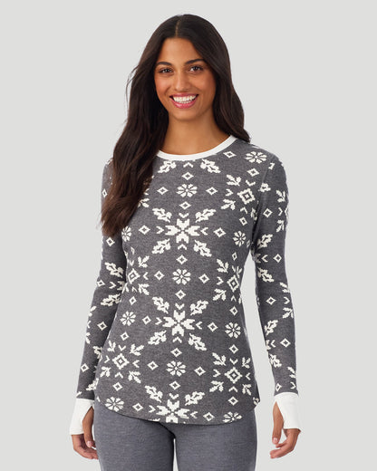 A lady wearing Stone Grey Winter Folk Cozy Stretch Thermal Long Sleeve Crew in a front view pose