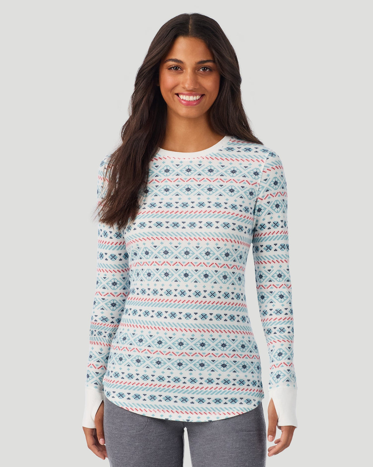 A lady wearing Ivory Blue Fairisle Cozy Stretch Thermal Long Sleeve Crew in a front view pose