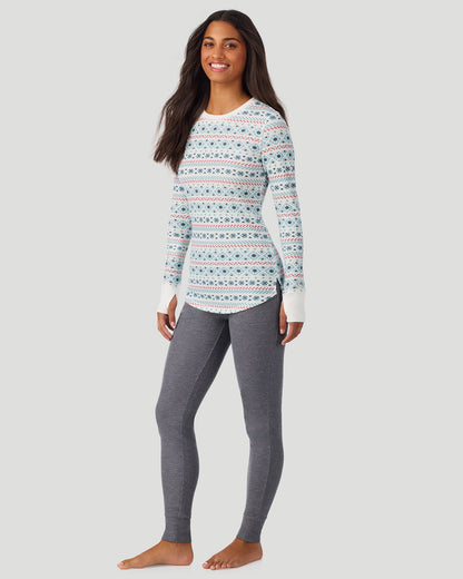 A lady wearing Ivory Blue Fairisle Cozy Stretch Thermal Long Sleeve Crew in a front view standing pose