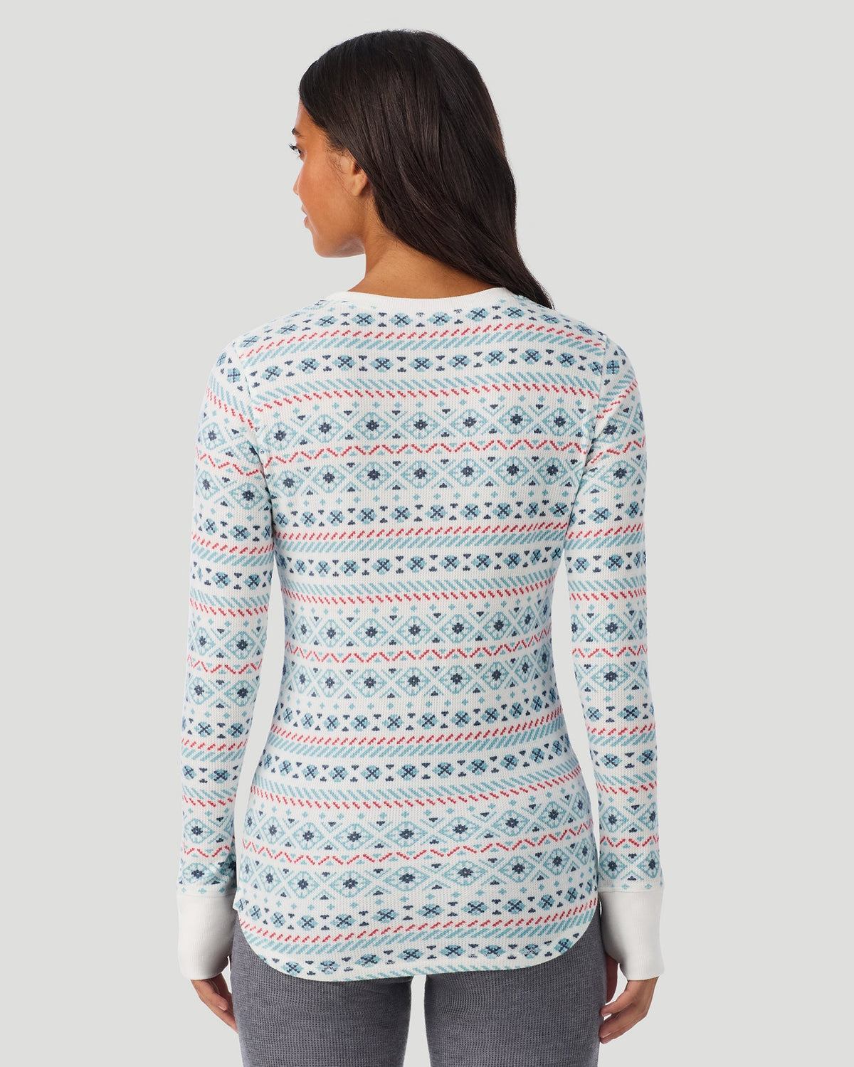 Ivory Blue Fairisle; Model is wearing a size S. She is 5’7”, Bust 32”, Waist 25”, Hips 34”. @A lady wearing Ivory Blue Fairisle Cozy Stretch Thermal Long Sleeve Crew in a back view pose
