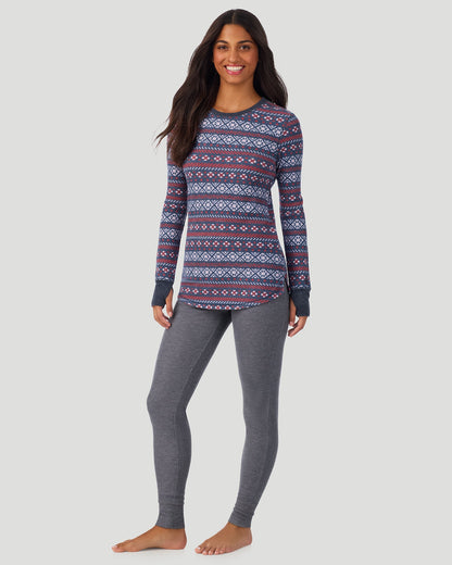 A lady wearing Medieval Blue Fairisle Cozy Stretch Thermal Long Sleeve Crew in a front view standing pose