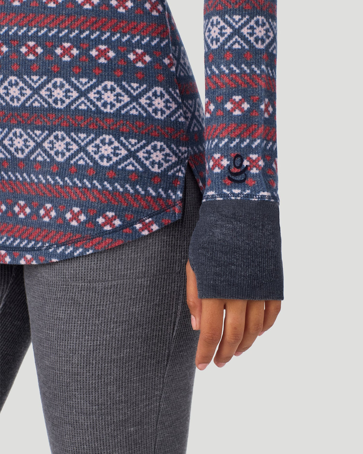 A lady wearing Medieval Blue Fairisle Cozy Stretch Thermal Long Sleeve Crew in a front view detail close up look