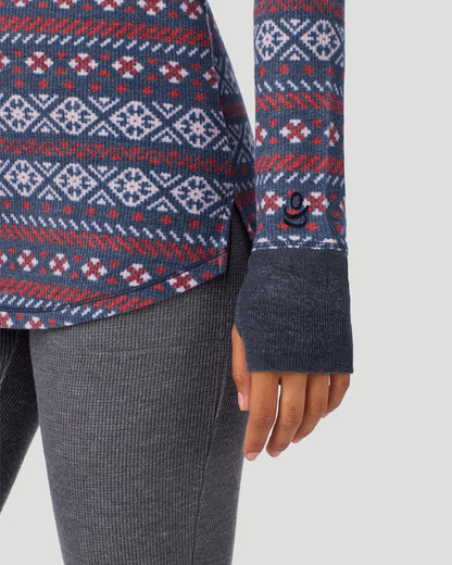 A lady wearing Medieval Blue Fairisle Cozy Stretch Thermal Long Sleeve Crew in a front view detail close up look