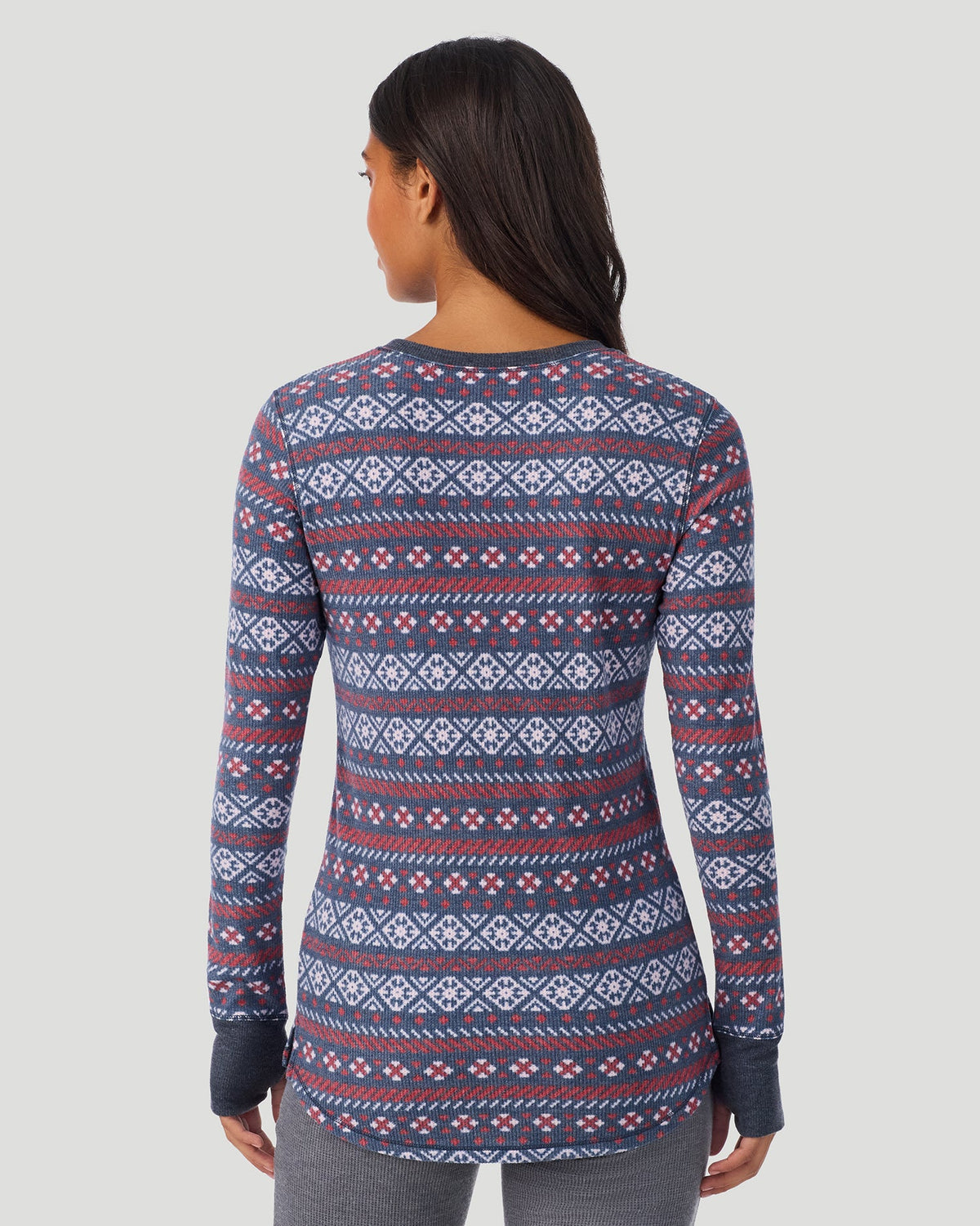 Medieval Blue Fairisle; Model is wearing a size S. She is 5’7”, Bust 32”, Waist 25”, Hips 34”. @A lady wearing Medieval Blue Fairisle Cozy Stretch Thermal Long Sleeve Crew in a back view pose