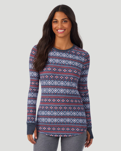 A lady wearing Medieval Blue Fairisle Cozy Stretch Thermal Long Sleeve Crew in a front view pose