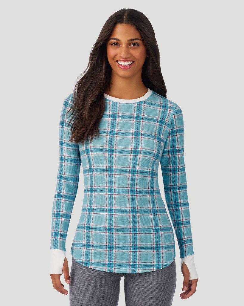 A lady wearing Cadet Blue Plaid Cozy Stretch Thermal Long Sleeve Crew in a front view pose