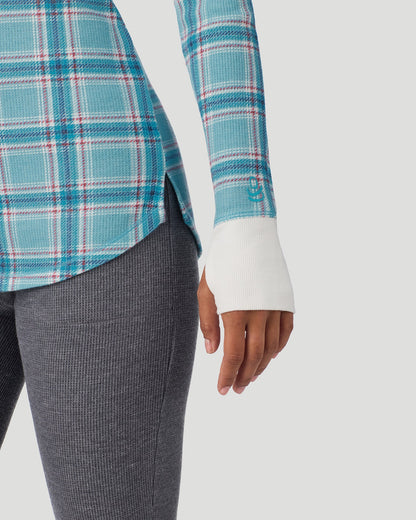 A lady wearing Cadet Blue Plaid Cozy Stretch Thermal Long Sleeve Crew in a front view detail close up look