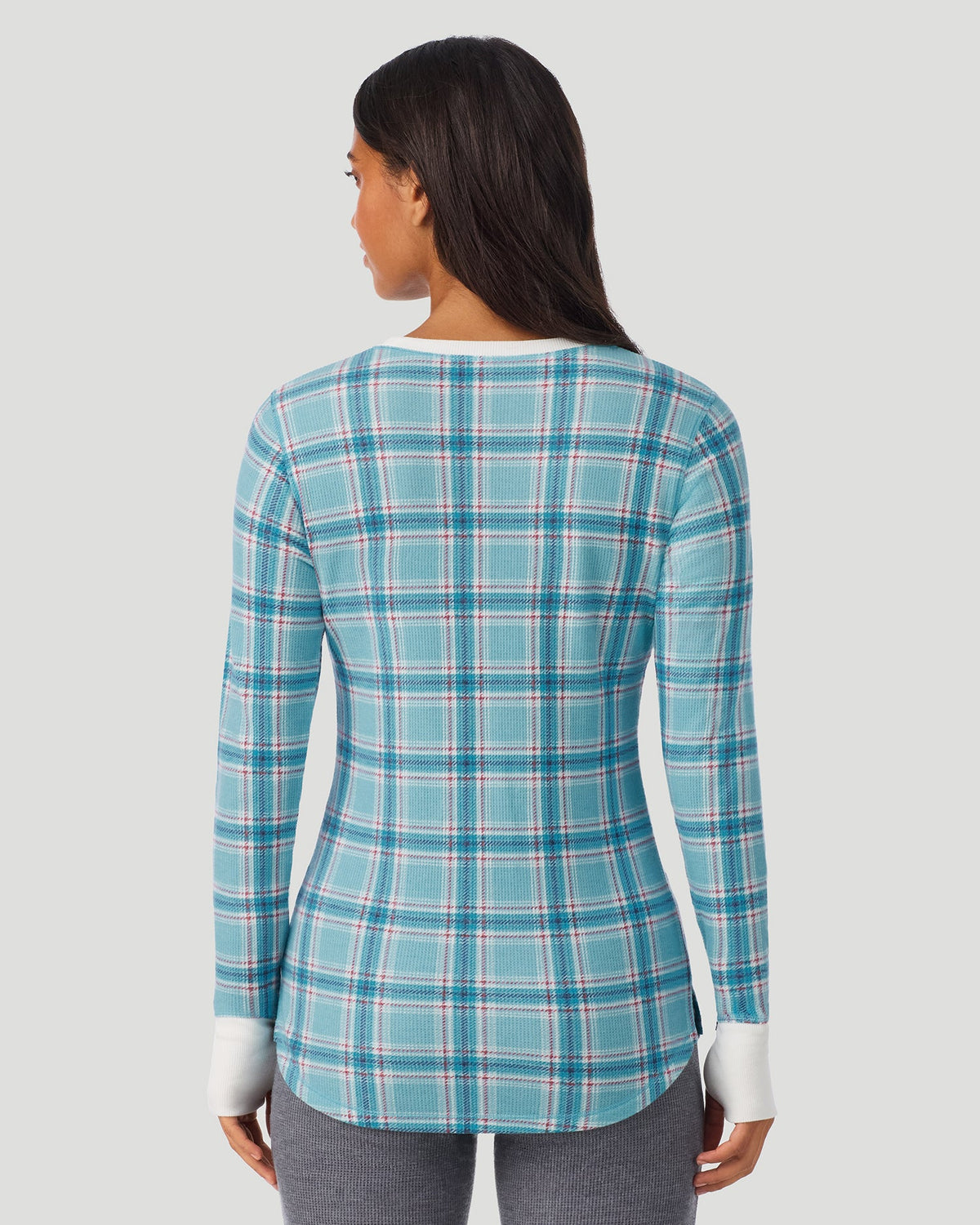 A lady wearing Cadet Blue Plaid Cozy Stretch Thermal Long Sleeve Crew in a back view pose
