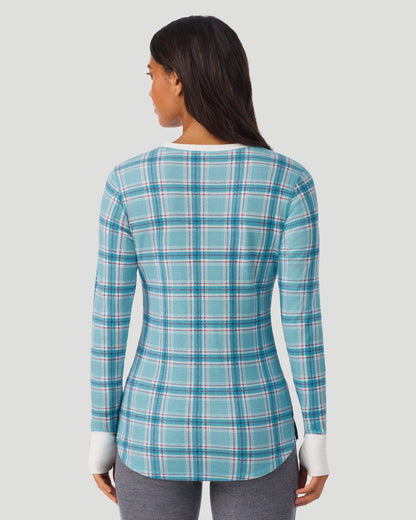 A lady wearing Cadet Blue Plaid Cozy Stretch Thermal Long Sleeve Crew in a back view pose
