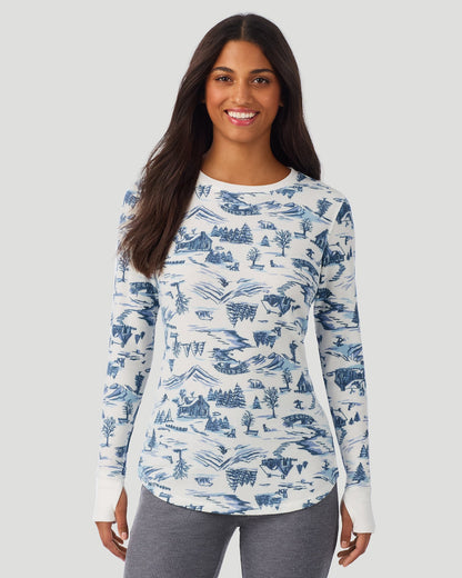 A lady wearing Blue Winter Toile Cozy Stretch Thermal Long Sleeve Crew in a front view pose