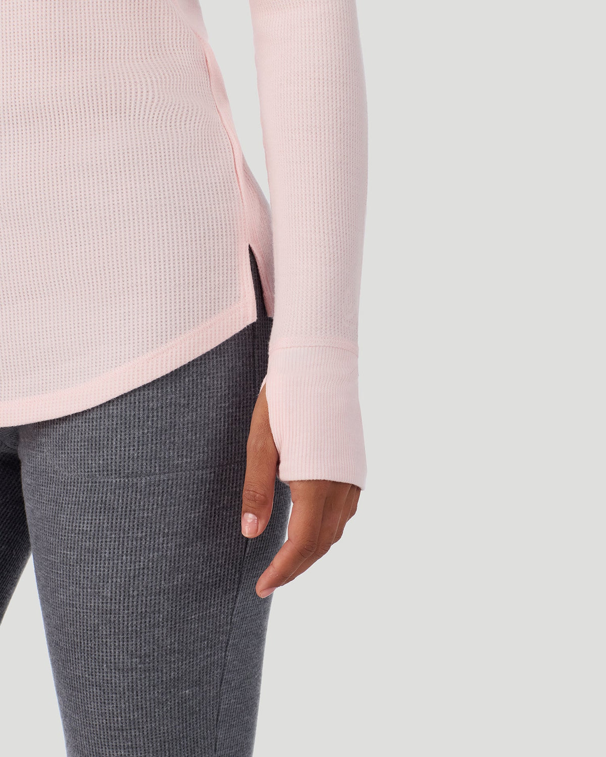 Pretty Rose; Model is wearing a size S. She is 5’7”, Bust 32”, Waist 25”, Hips 34”. @A lady wearing Pretty Rose Cozy Stretch Thermal Long Sleeve Crew in a front view detail close up look