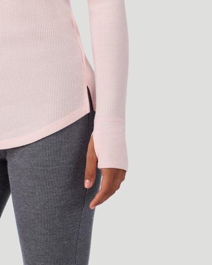 A lady wearing Pretty Rose Cozy Stretch Thermal Long Sleeve Crew in a front view detail close up look