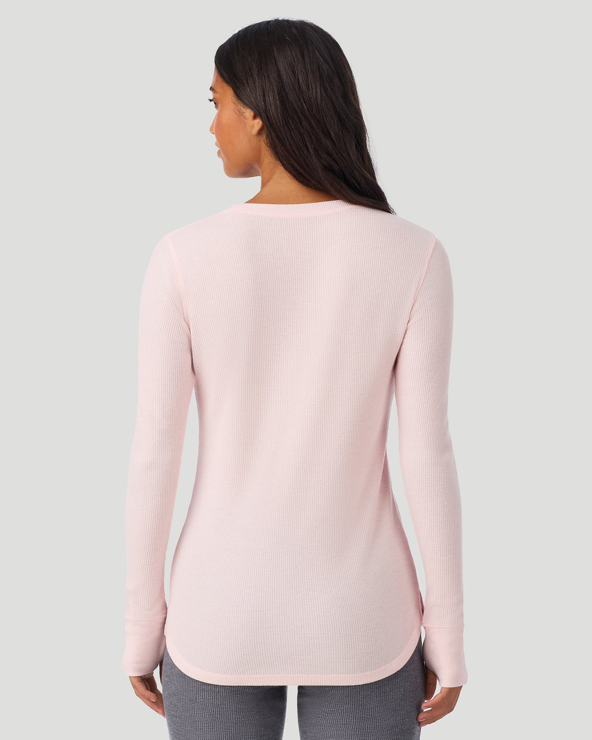 A lady wearing Pretty Rose Cozy Stretch Thermal Long Sleeve Crew in a back view pose