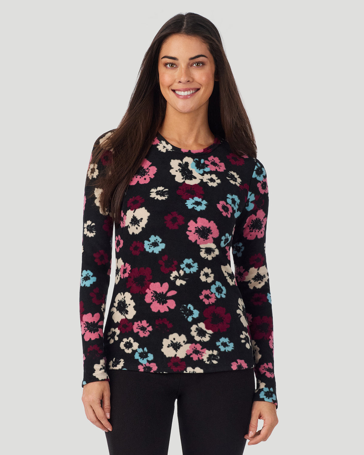 Black Oatmeal Floral; Model is wearing a size S. She is 5’9”, Bust 34.5”, Waist 25”, Hips 36.5”. @A lady wearing Black Oatmeal Floral Fleecewear with Stretch Long Sleeve Crew in a front view pose
