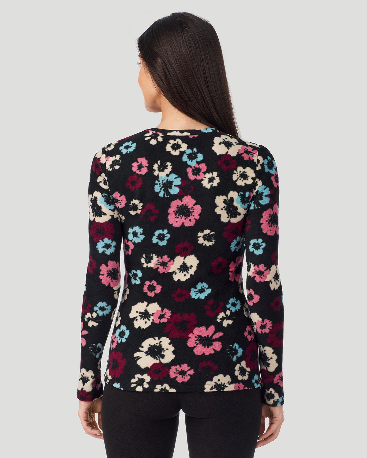 Black Oatmeal Floral; Model is wearing a size S. She is 5’9”, Bust 34.5”, Waist 25”, Hips 36.5”. @A lady wearing Black Oatmeal Floral Fleecewear with Stretch Long Sleeve Crew in a back view pose