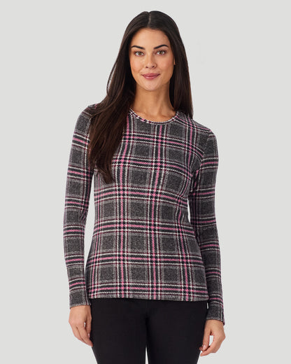 A lady wearing Charcoal Tartan Fleecewear with Stretch Long Sleeve Crew in a front view closer look