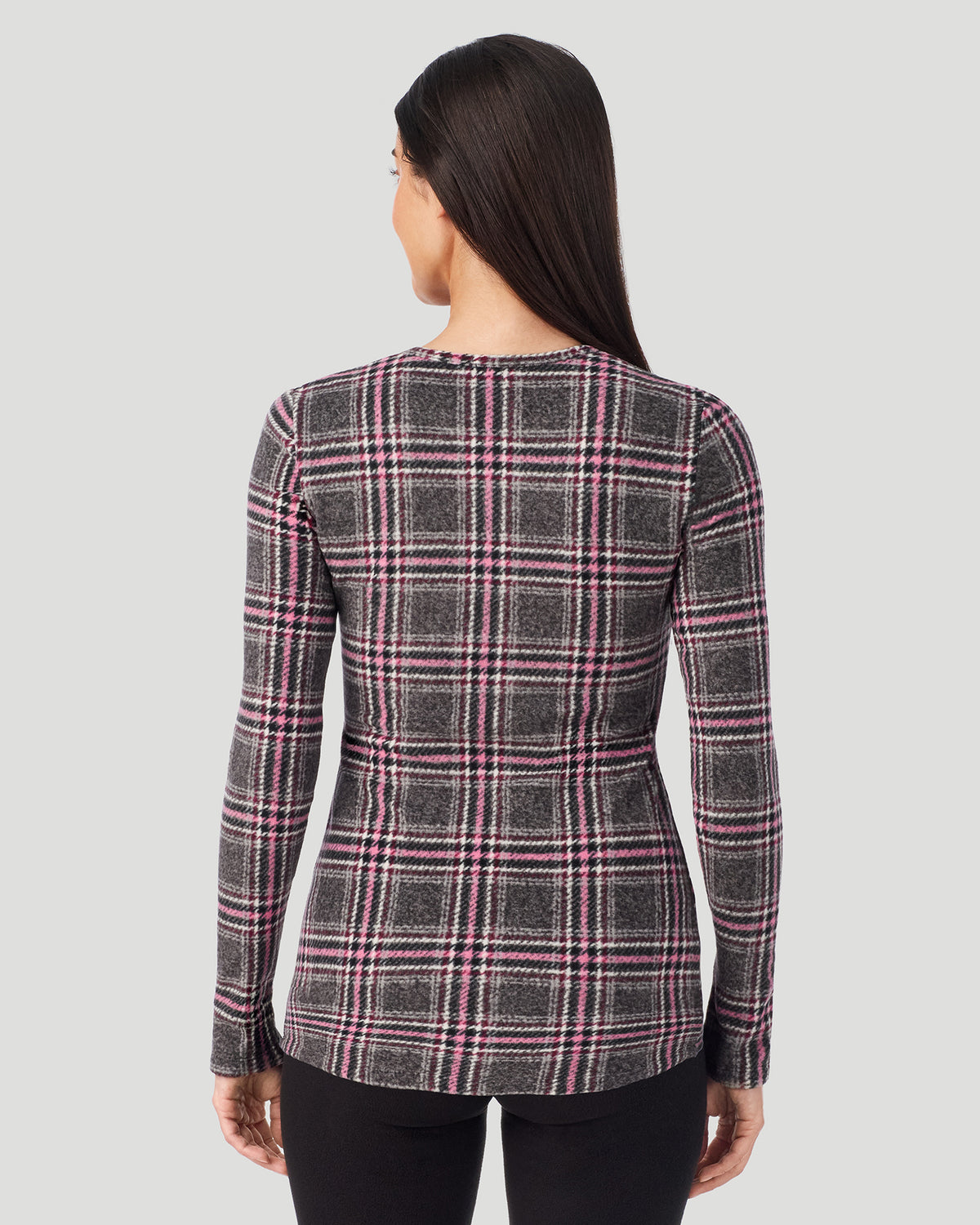 Charcoal Tartan; Model is wearing a size S. She is 5’9”, Bust 34.5”, Waist 25”, Hips 36.5”. @A lady wearing Charcoal Tartan Fleecewear with Stretch Long Sleeve Crew in a back view closer look