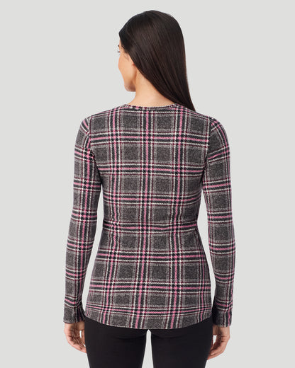 A lady wearing Charcoal Tartan Fleecewear with Stretch Long Sleeve Crew in a back view closer look