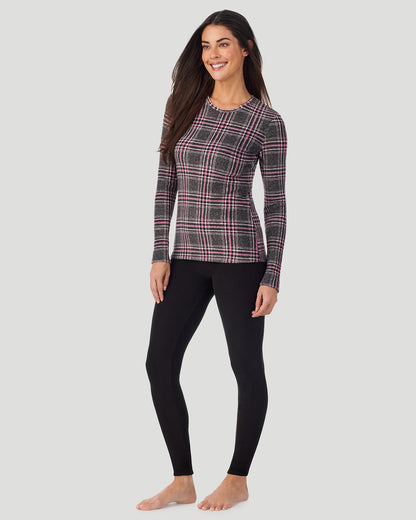 A lady wearing Charcoal Tartan Fleecewear with Stretch Long Sleeve Crew in a front view standing look