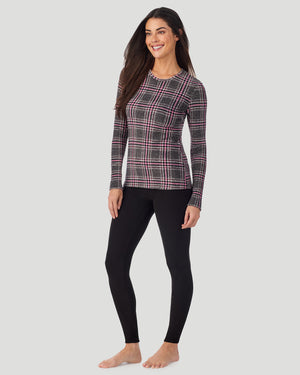 A lady wearing Charcoal Tartan Fleecewear with Stretch Long Sleeve Crew in a front view standing look