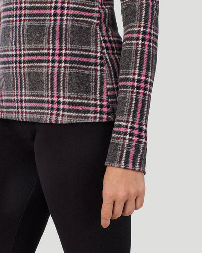 A lady wearing Charcoal Tartan Fleecewear with Stretch Long Sleeve Crew in a front view detail close up look