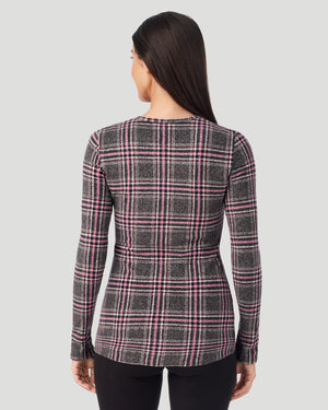 A lady wearing Charcoal Tartan Fleecewear with Stretch Long Sleeve Crew in a back view closer look