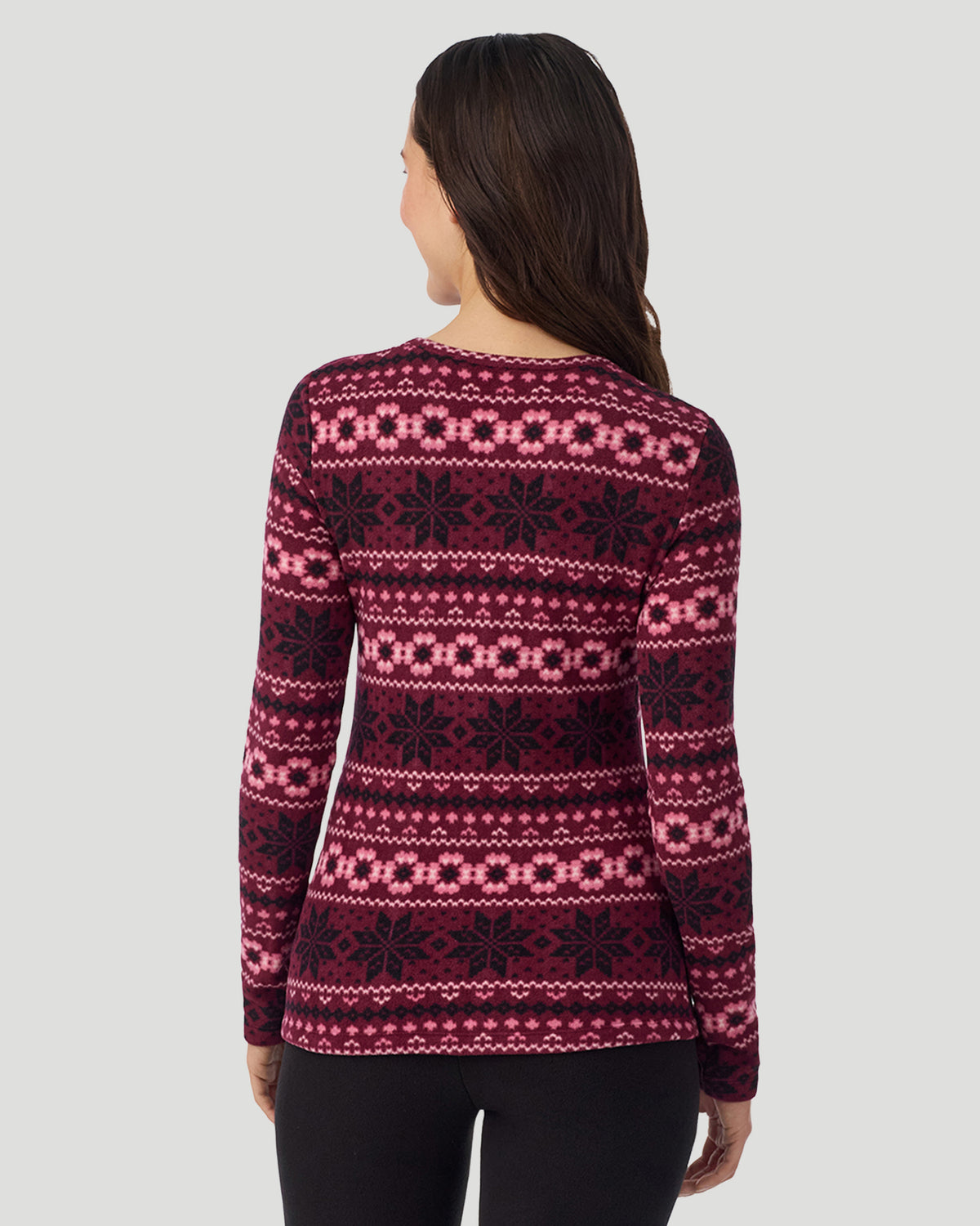 A lady wearing Bordeaux Fairisle Fleecewear with Stretch Long Sleeve Crew in a back view closer look