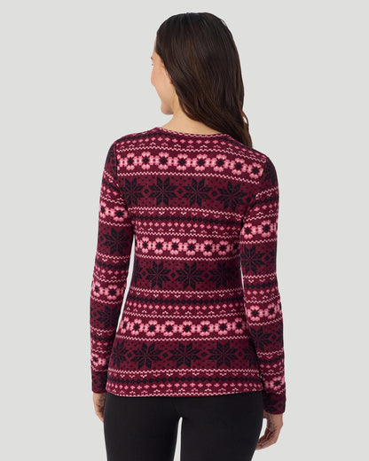 A lady wearing Bordeaux Fairisle Fleecewear with Stretch Long Sleeve Crew in a back view closer look