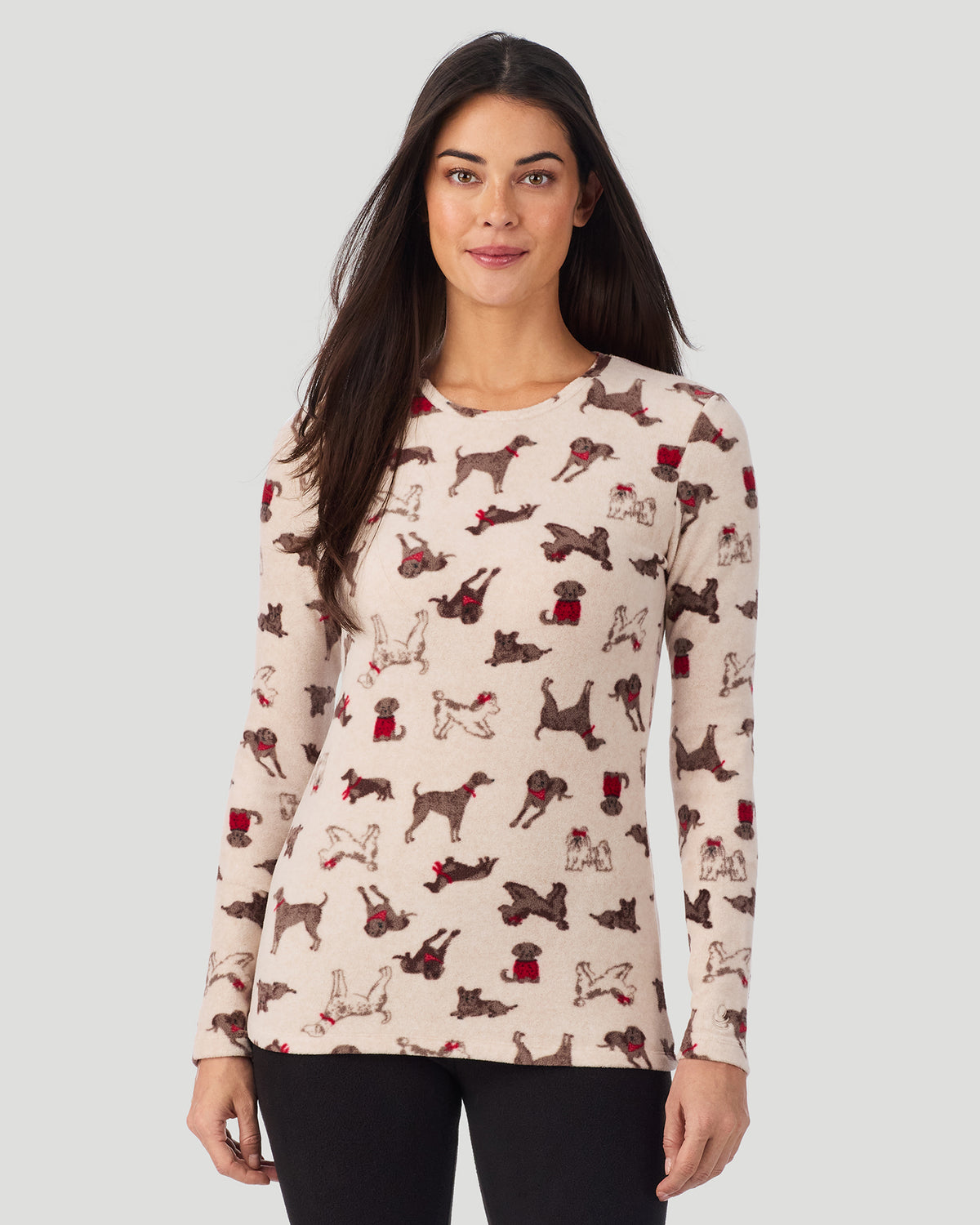 Oatmeal Puppies; Model is wearing a size S. She is 5’9”, Bust 34.5”, Waist 25”, Hips 36.5”. @A lady wearing Oatmeal Puppies Fleecewear with Stretch Long Sleeve Crew in a front view closer look