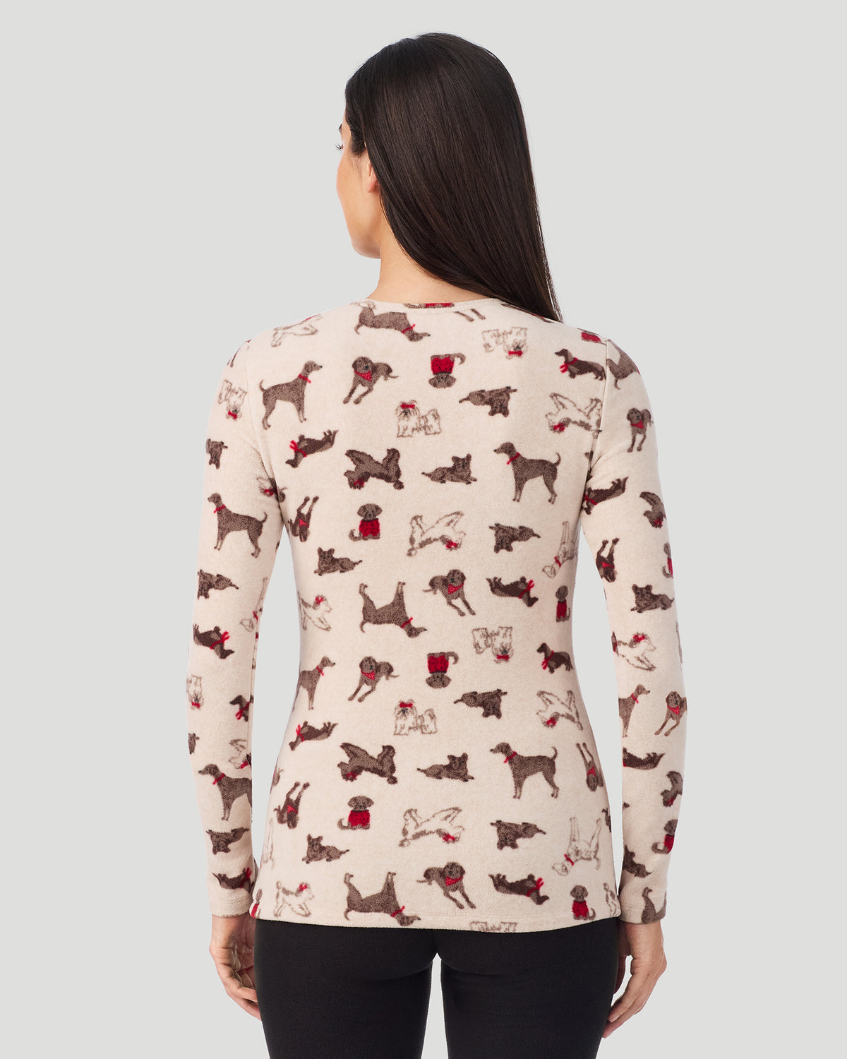 Oatmeal Puppies; Model is wearing a size S. She is 5’9”, Bust 34.5”, Waist 25”, Hips 36.5”. @A lady wearing Oatmeal Puppies Fleecewear with Stretch Long Sleeve Crew in a back view closer look