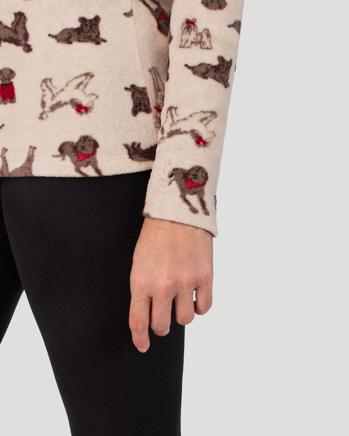 A lady wearing Oatmeal Puppies Fleecewear with Stretch Long Sleeve Crew in a front view detail close up look