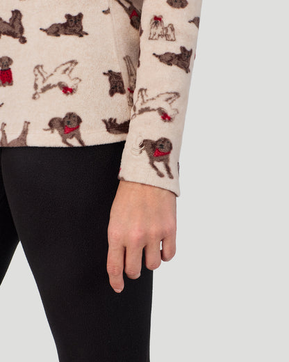 A lady wearing Oatmeal Puppies Fleecewear with Stretch Long Sleeve Crew in a front view detail close up look