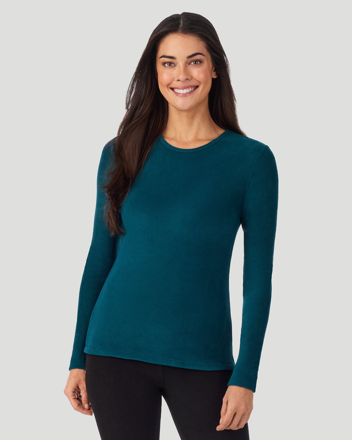 Deep Emerald; Model is wearing a size S. She is 5’9”, Bust 34.5”, Waist 25”, Hips 36.5”. @A lady wearing Deep Emerald Fleecewear with Stretch Long Sleeve Crew in a front view closer look