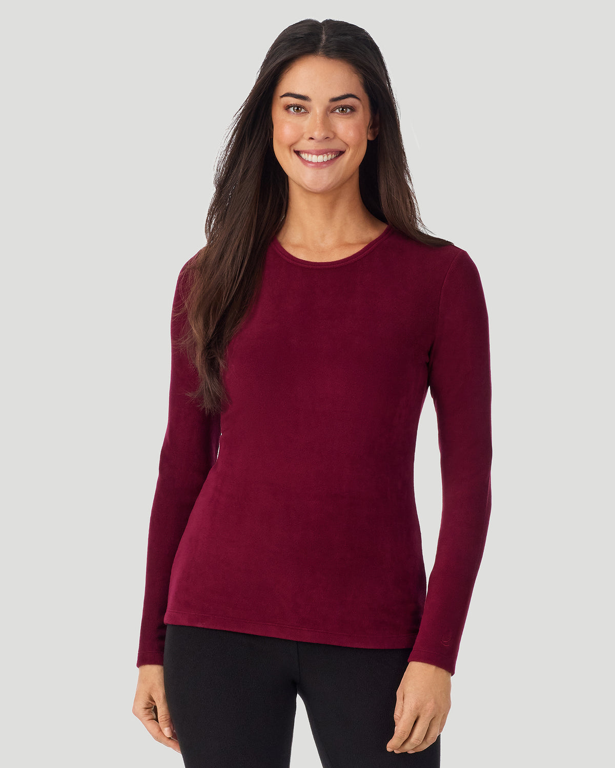 A lady wearing Bordeaux Fleecewear with Stretch Long Sleeve Crew in a front view closer look