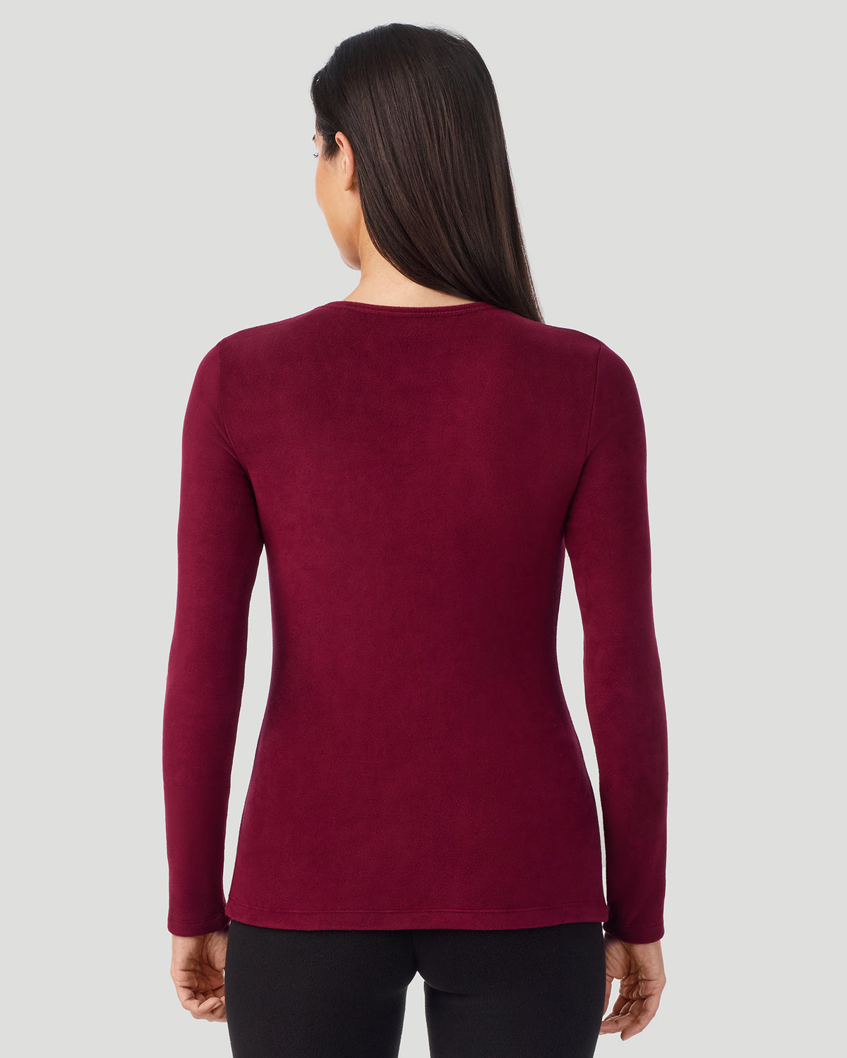 A lady wearing Bordeaux Fleecewear with Stretch Long Sleeve Crew in a back view closer look