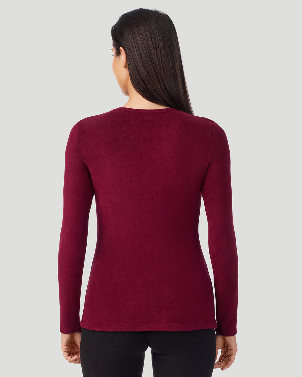 A lady wearing Bordeaux Fleecewear with Stretch Long Sleeve Crew in a back view closer look