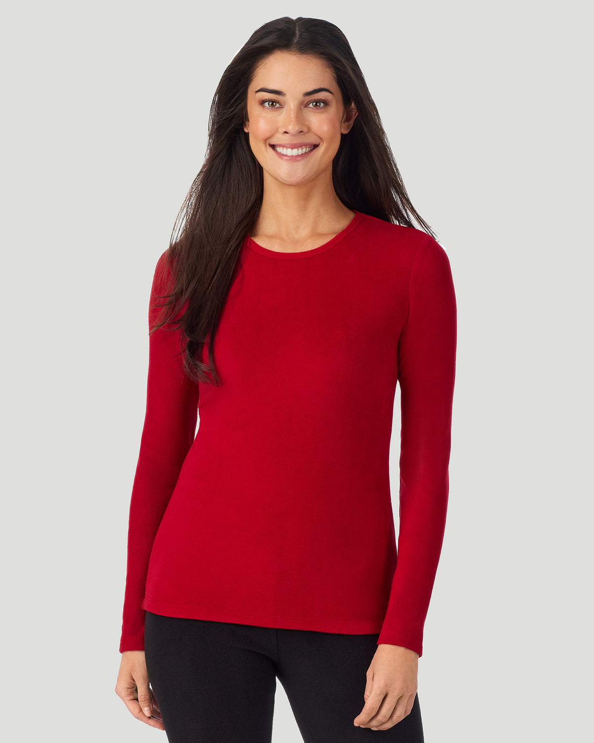 Chili Pepper Red; Model is wearing a size S. She is 5’9”, Bust 34.5”, Waist 25”, Hips 36.5”. @A lady wearing Chili Pepper Red Fleecewear with Stretch Long Sleeve Crew in a front view closer look