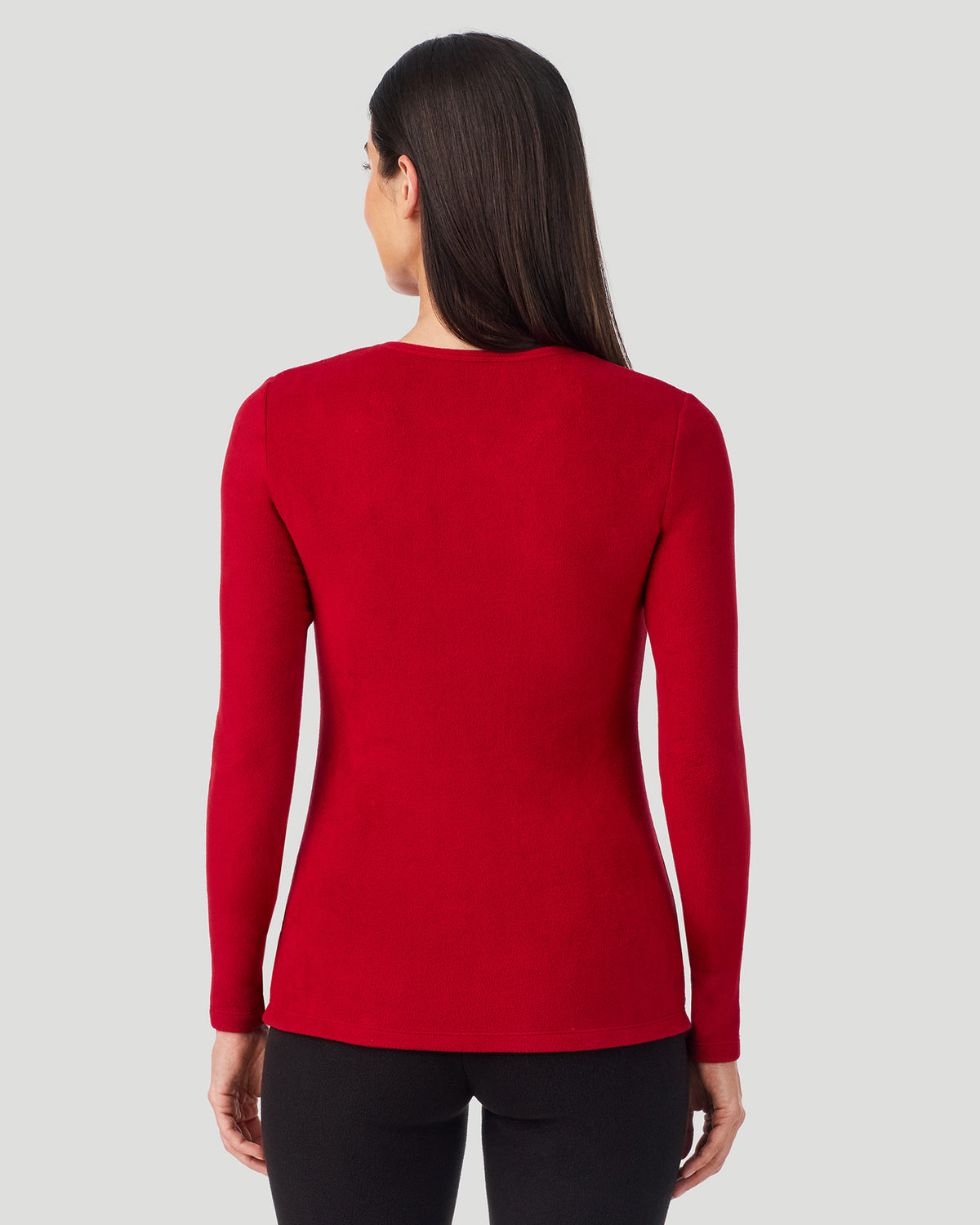 Chili Pepper Red; Model is wearing a size S. She is 5’9”, Bust 34.5”, Waist 25”, Hips 36.5”. @A lady wearing Chili Pepper Red Fleecewear with Stretch Long Sleeve Crew in a back view closer look