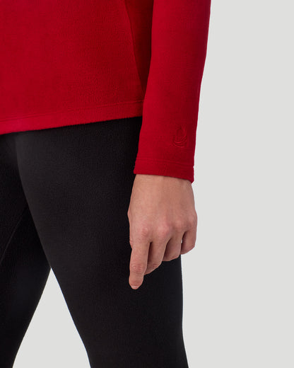 A lady wearing Chili Pepper Red Fleecewear with Stretch Long Sleeve Crew in a front view detail close up look
