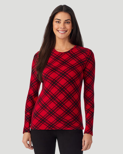 A lady wearing Red White Bias Plaid Fleecewear with Stretch Long Sleeve Crew in a front view closer look