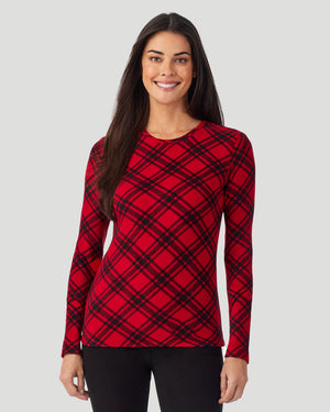 A lady wearing Red White Bias Plaid Fleecewear with Stretch Long Sleeve Crew in a front view closer look