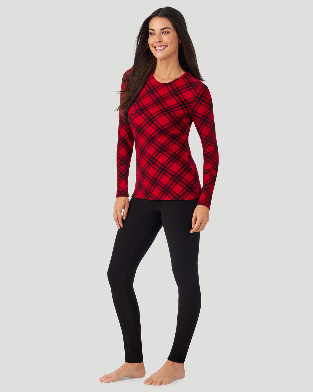 Red White Bias Plaid; Model is wearing a size S. She is 5’9”, Bust 34.5”, Waist 25”, Hips 36.5”. @A lady wearing Red White Bias Plaid Fleecewear with Stretch Long Sleeve Crew in a front view side angle pose