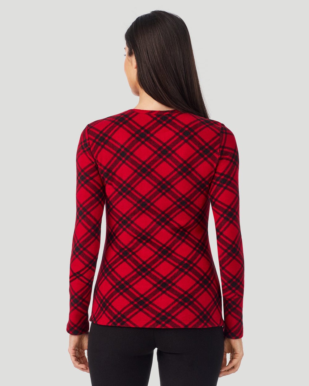 A lady wearing Red White Bias Plaid Fleecewear with Stretch Long Sleeve Crew in a back view closer look