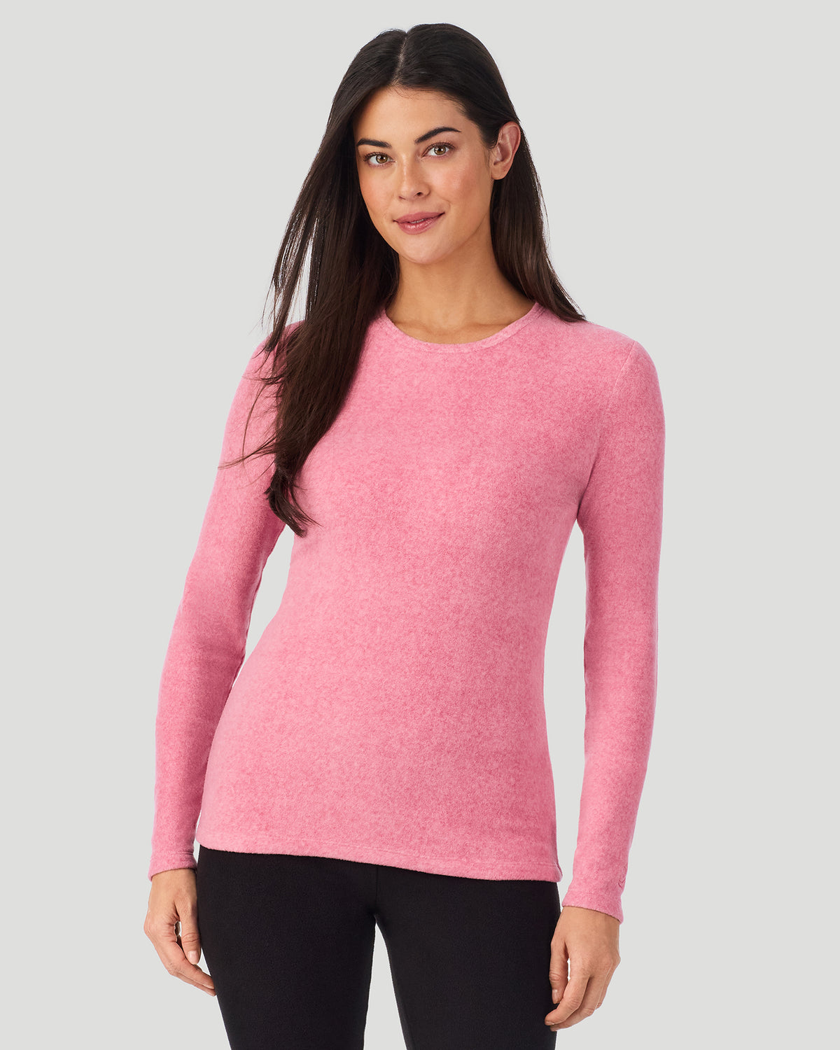 A lady wearing Red Suede Pink Heather Fleecewear with Stretch Long Sleeve Crew in a front view closer look